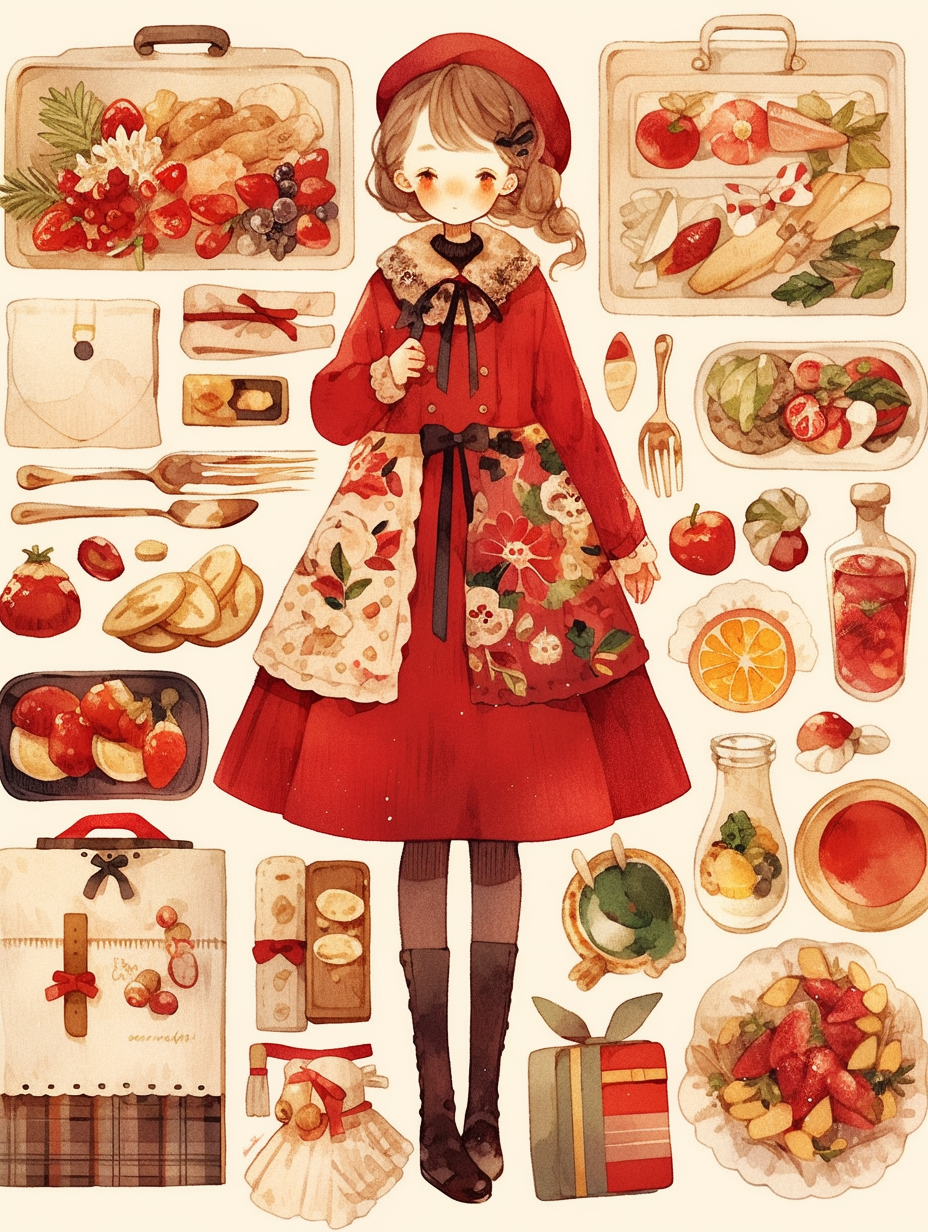 Knolling of Cute Christmas Girl and Decorations