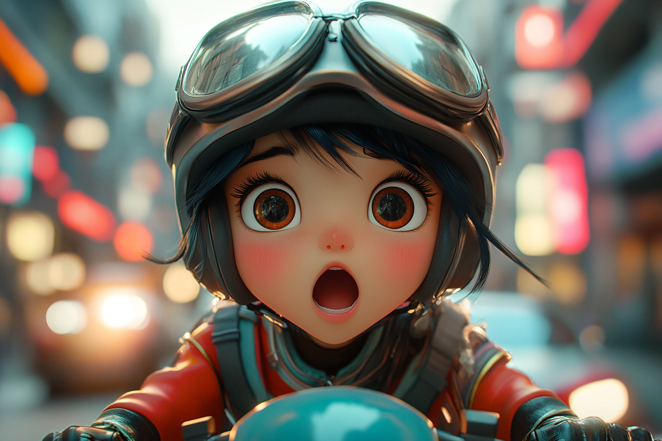 Korean Disney character on motorcycle shocked by car