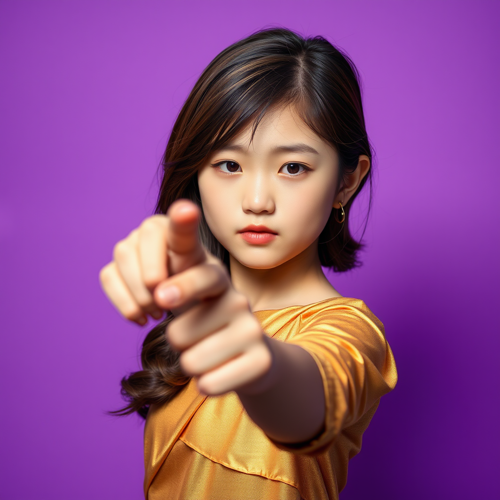 Korean Girl Pointing Finger in Gold Dress