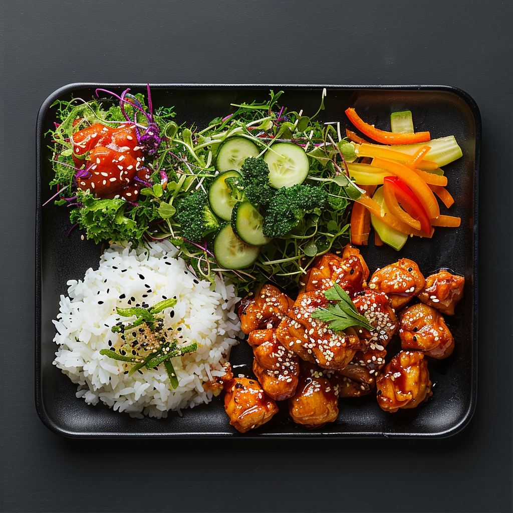 Korean chicken with coleslaw, vegetables, rice on plate.