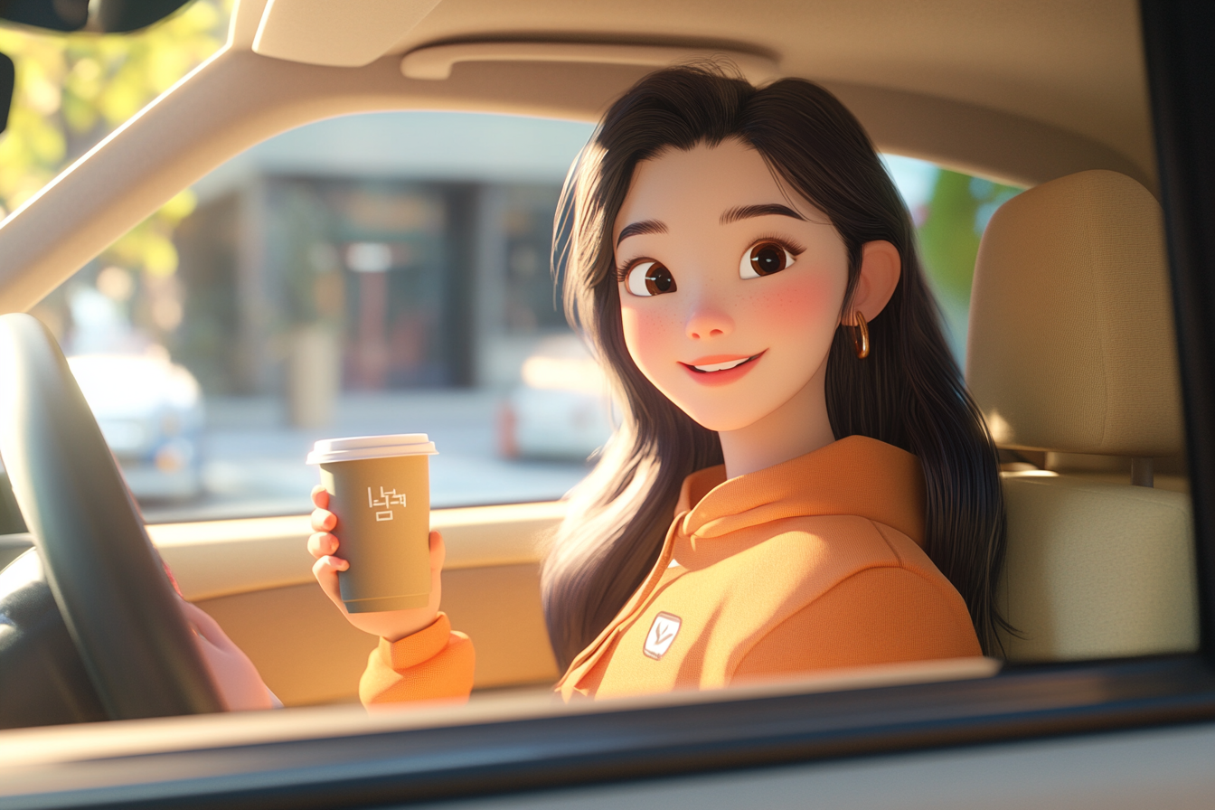 Korean woman in car with phone and coffee