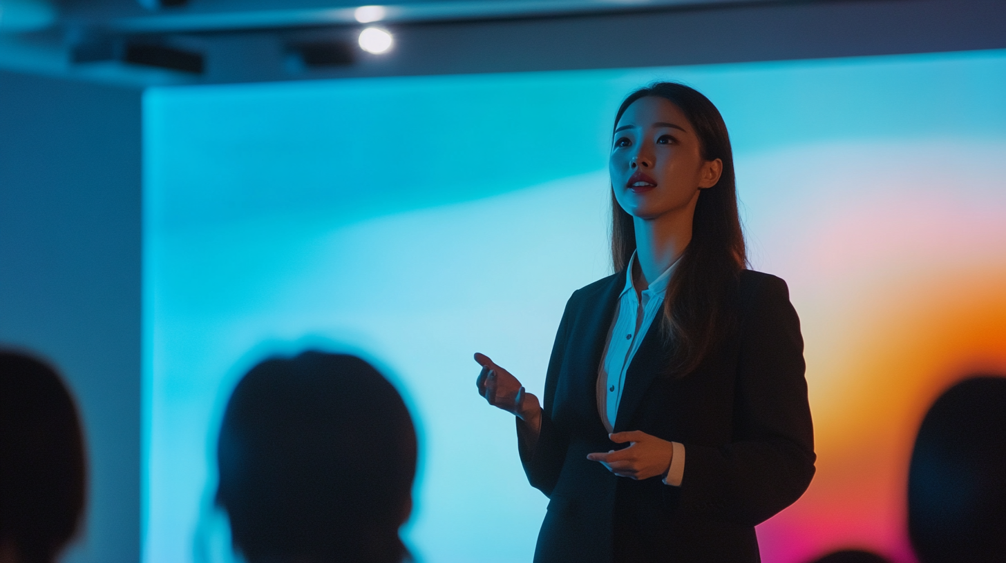 Korean woman presenting to group with modern lighting.