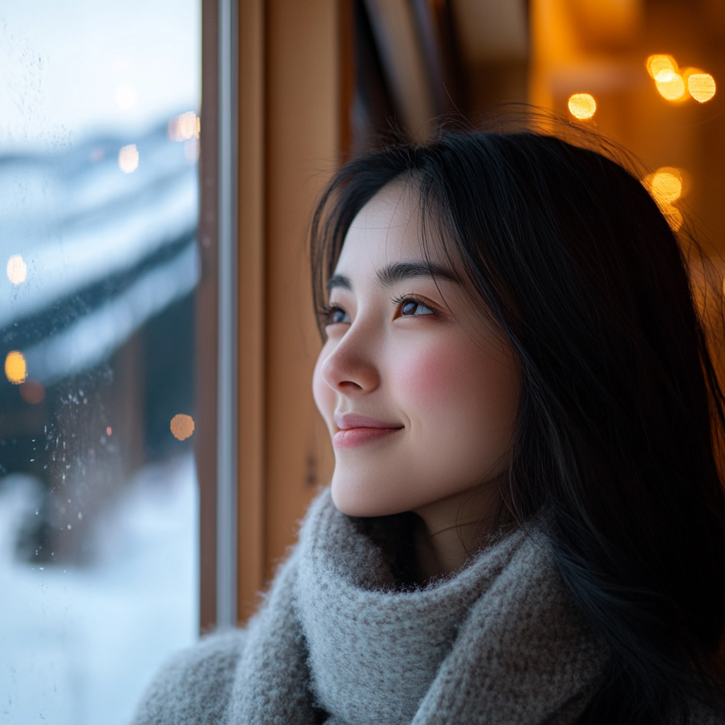 Korean woman smiling in cozy cabin winter wonderland