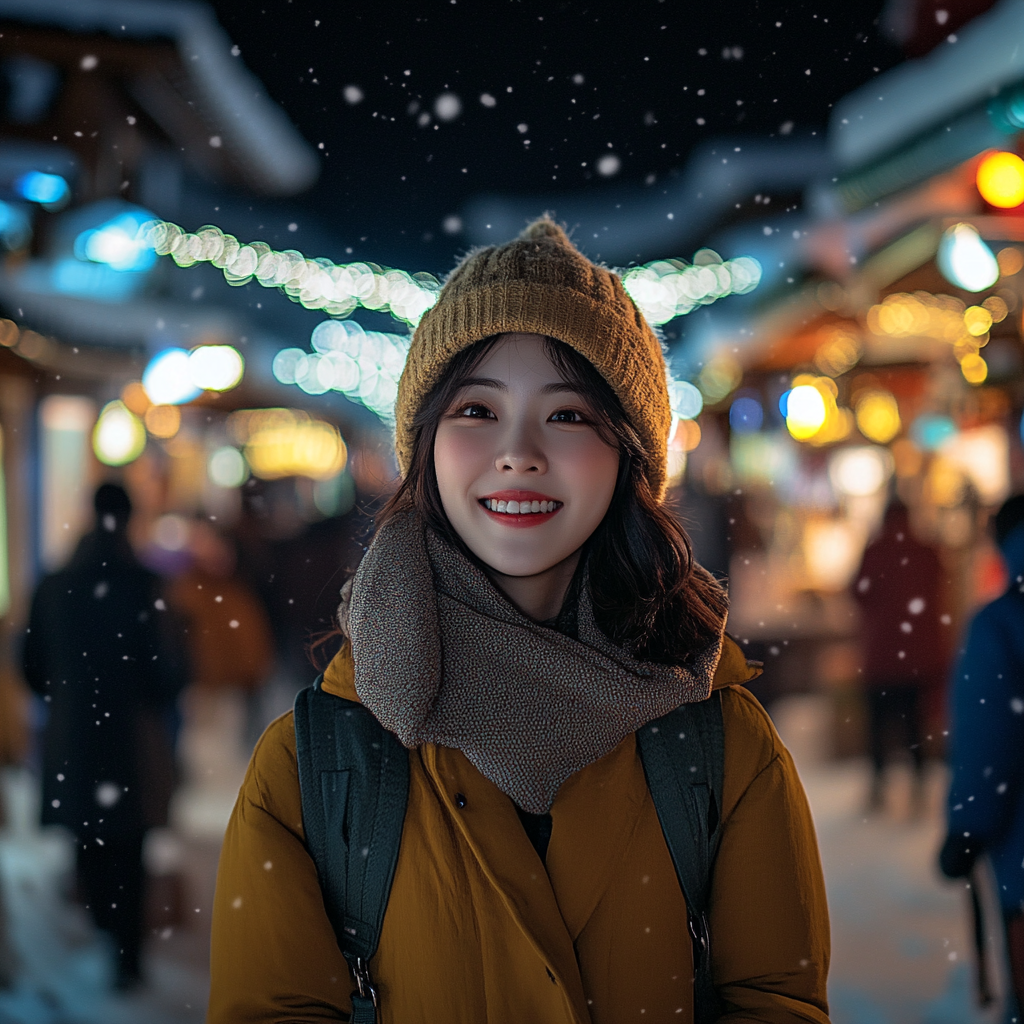 Korean woman smiling in snowy festival town