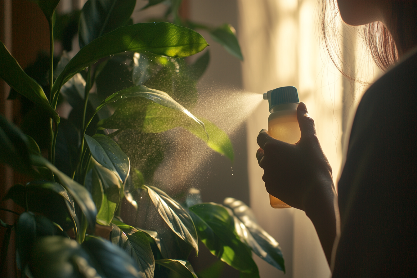 Korean woman sprays water on houseplant in morning