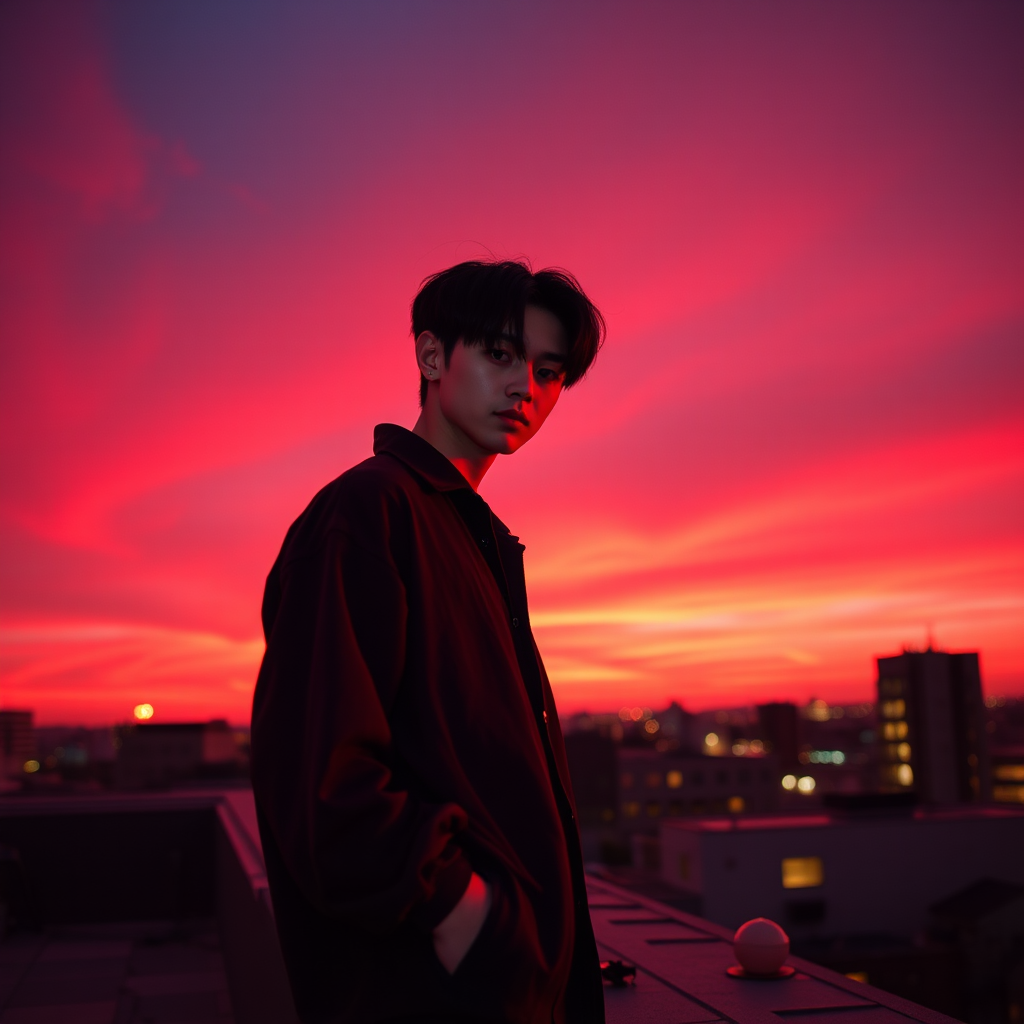 Kpop Male Idol Dynamic Sunset Rooftop Photos