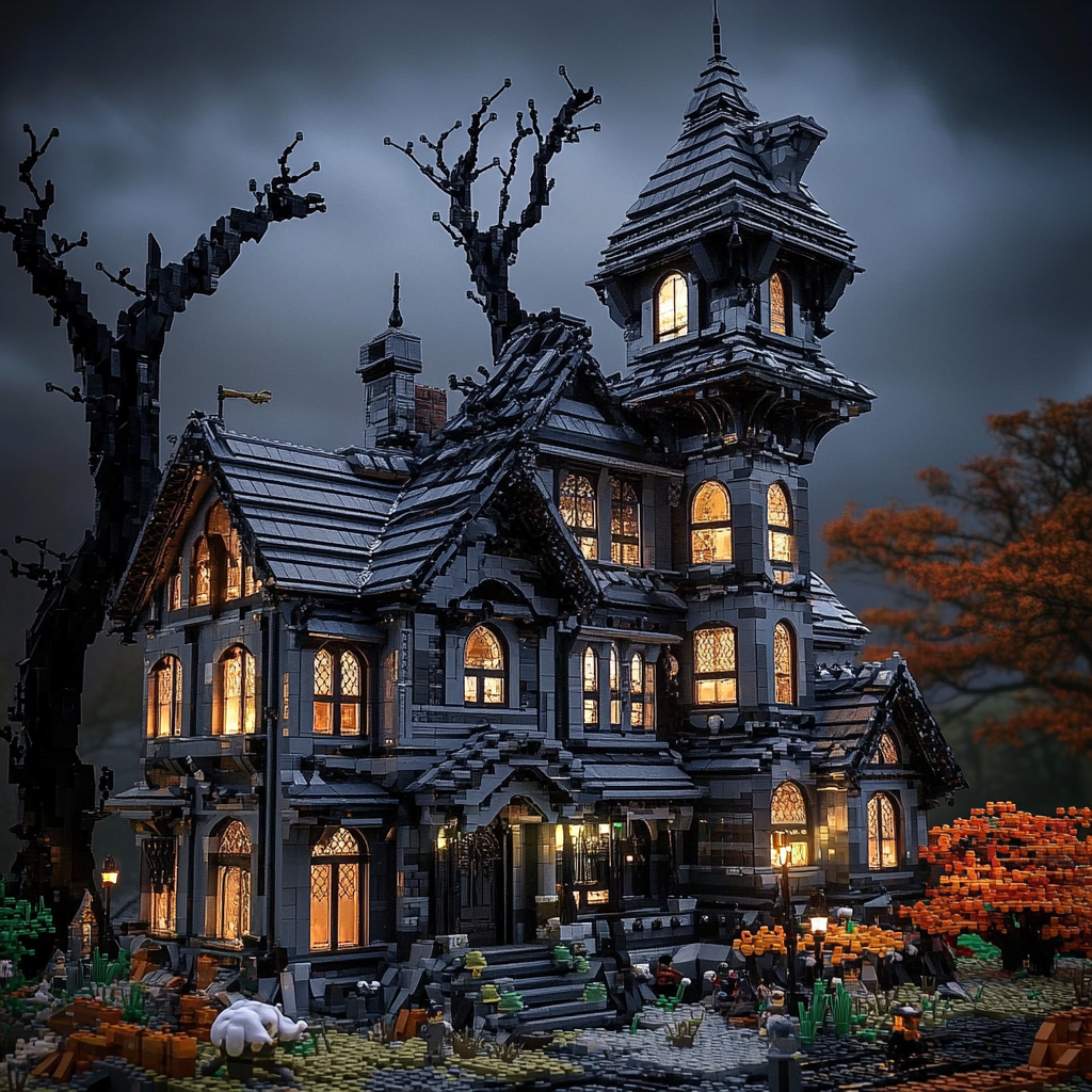 LEGO Victorian school buildings with creepy, Halloween vibes tilt.