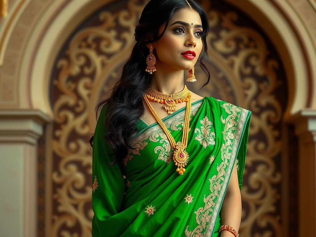 Lady in Green Saree with Gold Accessories