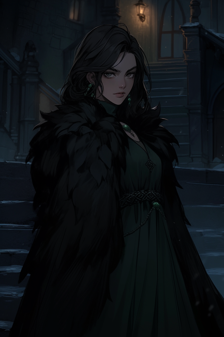 Lady in Winterfell Castle at night, 30, tall