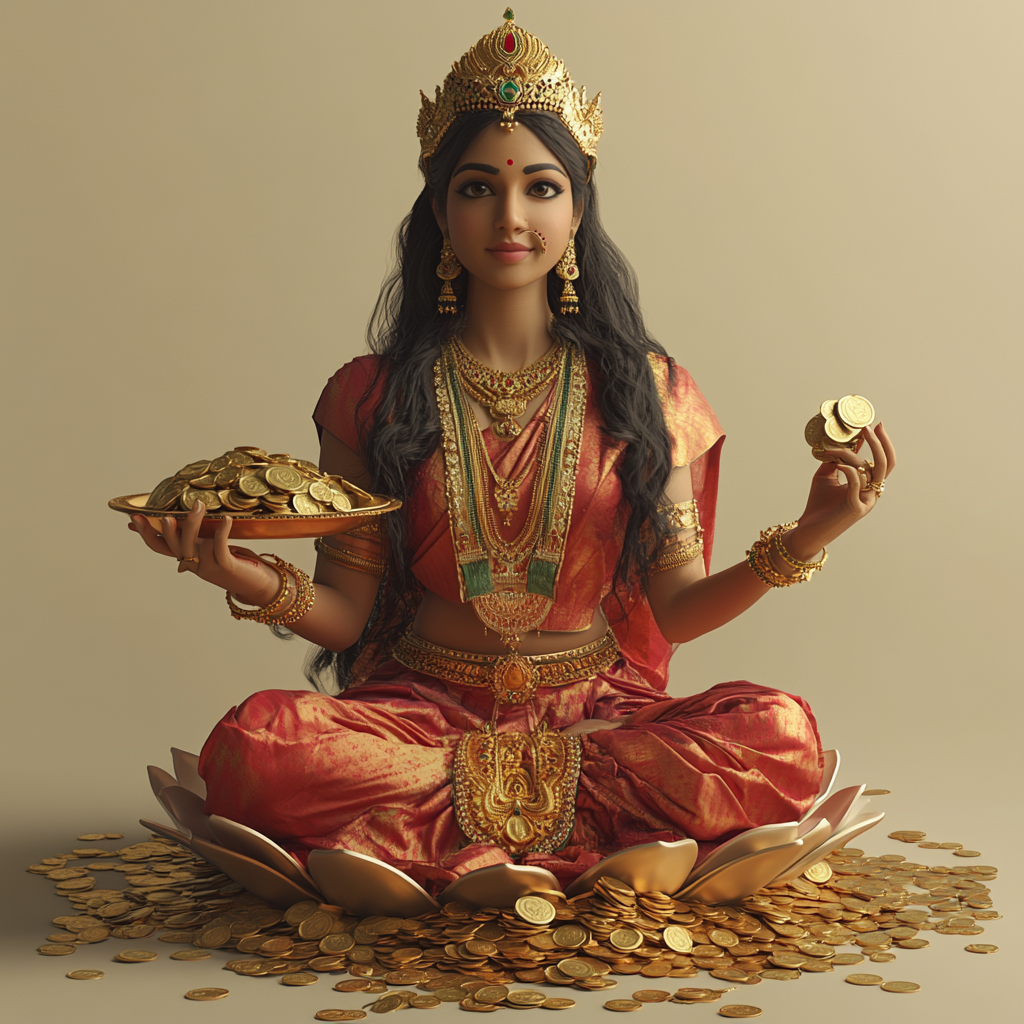 Lakshmi sitting on lotus with golden jewelry