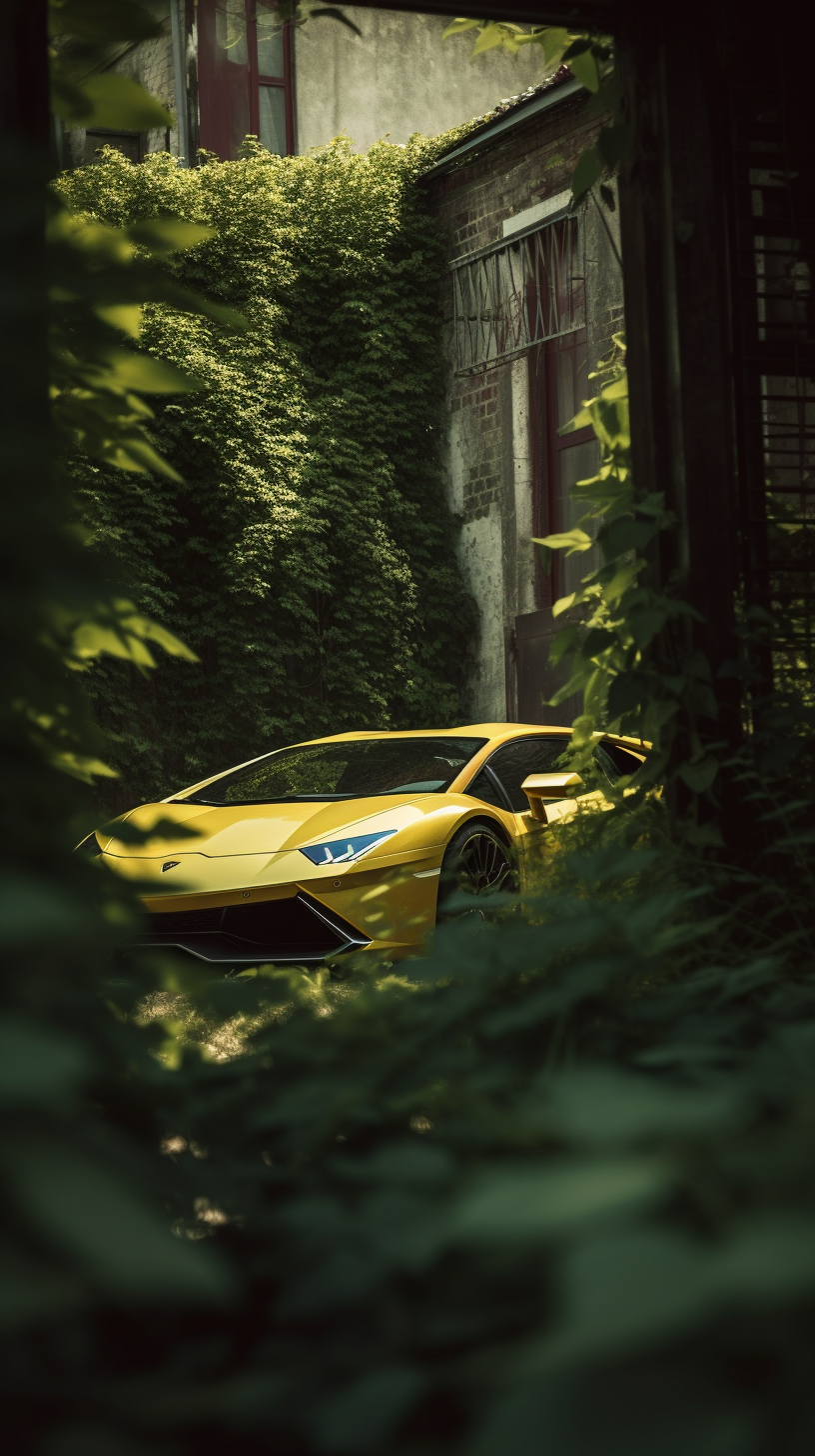 Lamborghini Aventador in Natural Setting with Lush Foliage.