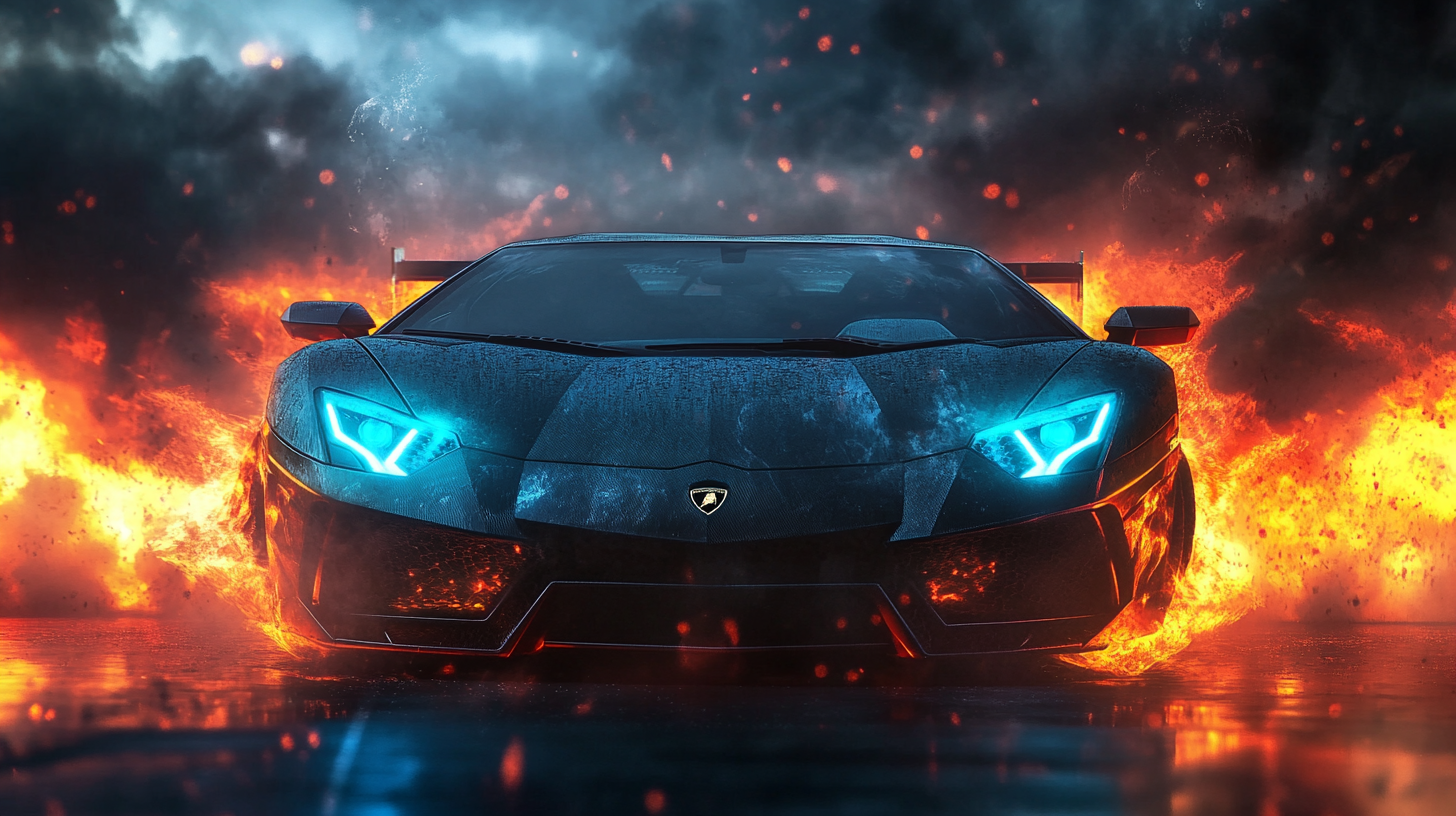 Lamborghini sports car in fiery apocalyptic background