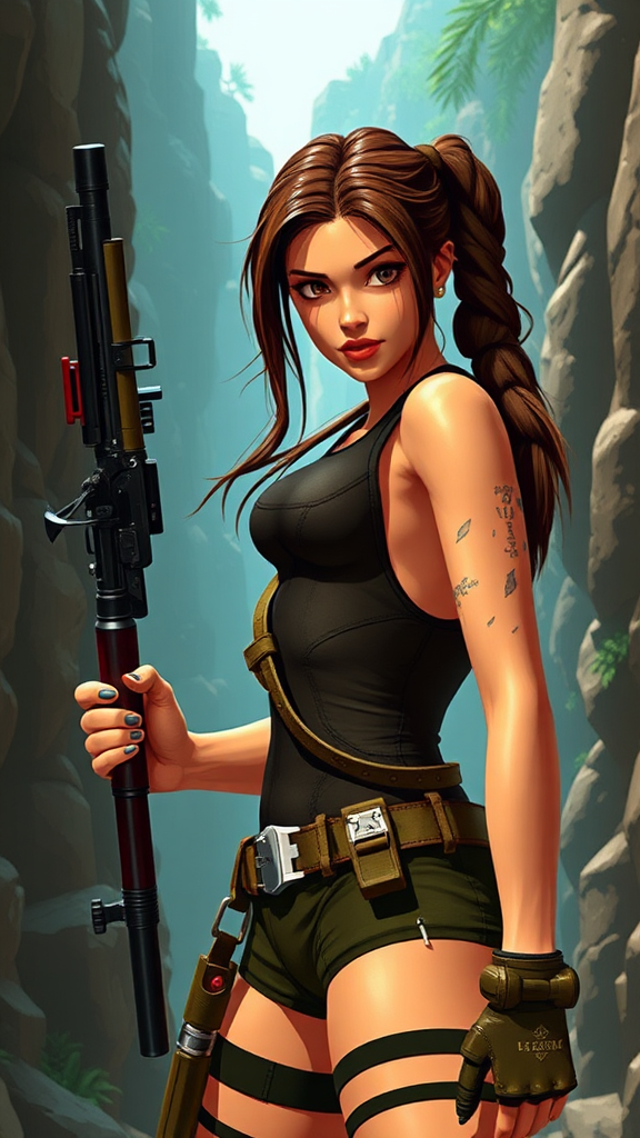 Lara Croft in videogame style with 3D model.