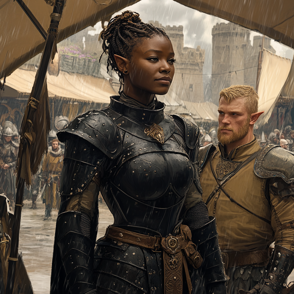 Large black woman in black armor with elf soldier.