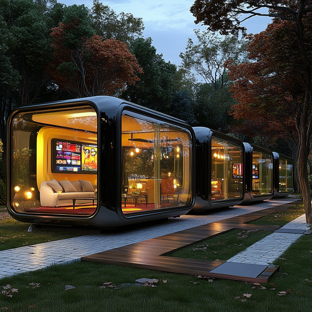 Large camper pods with Steelers theme, deck, scoreboard, surrounded by trees, Fortnite style.
