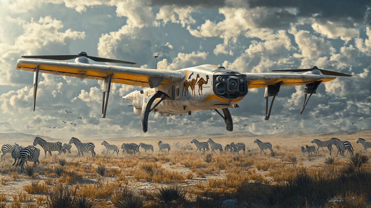 Large cargo drone with camel pattern flying over savannah.