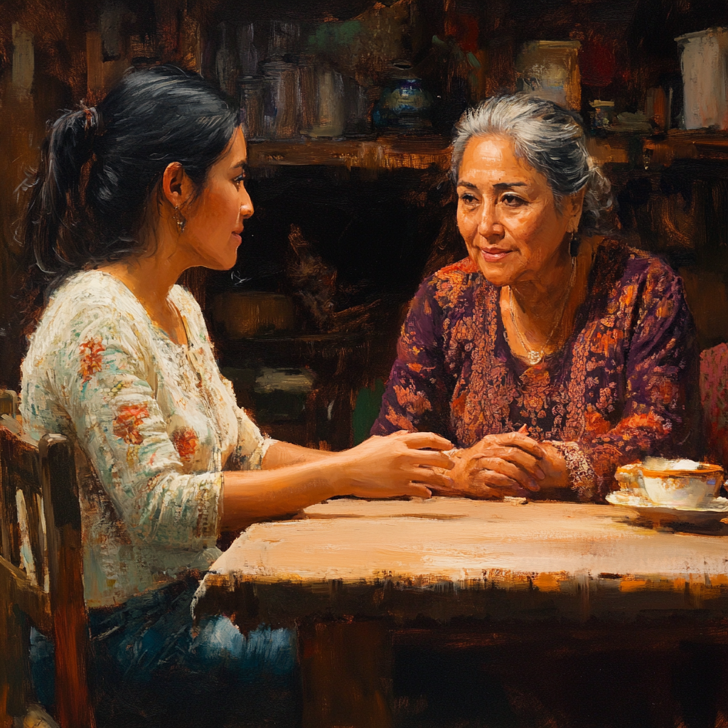 Latina Woman Speaking with Mother in Warm Setting