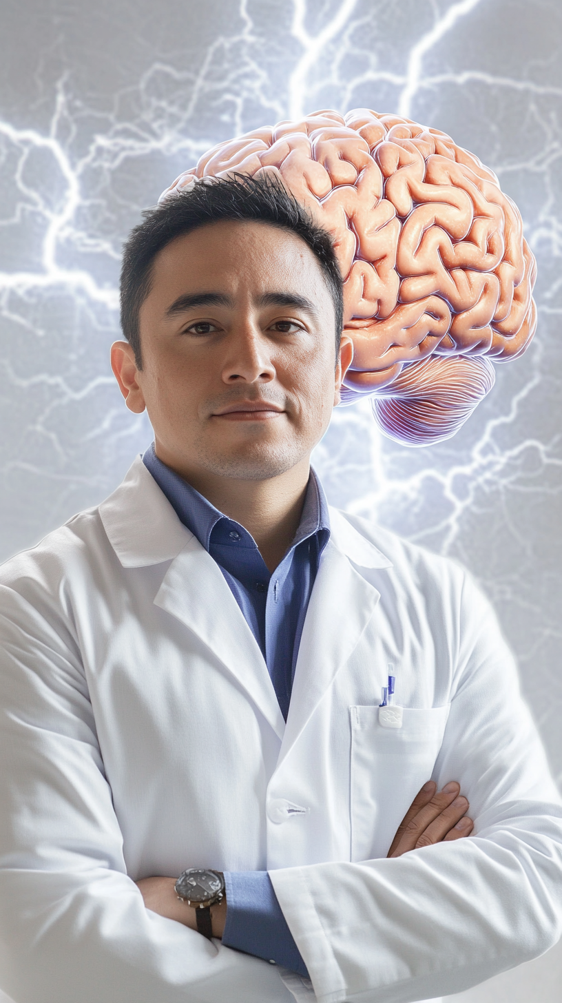 Latino doctor with brain and lightning background