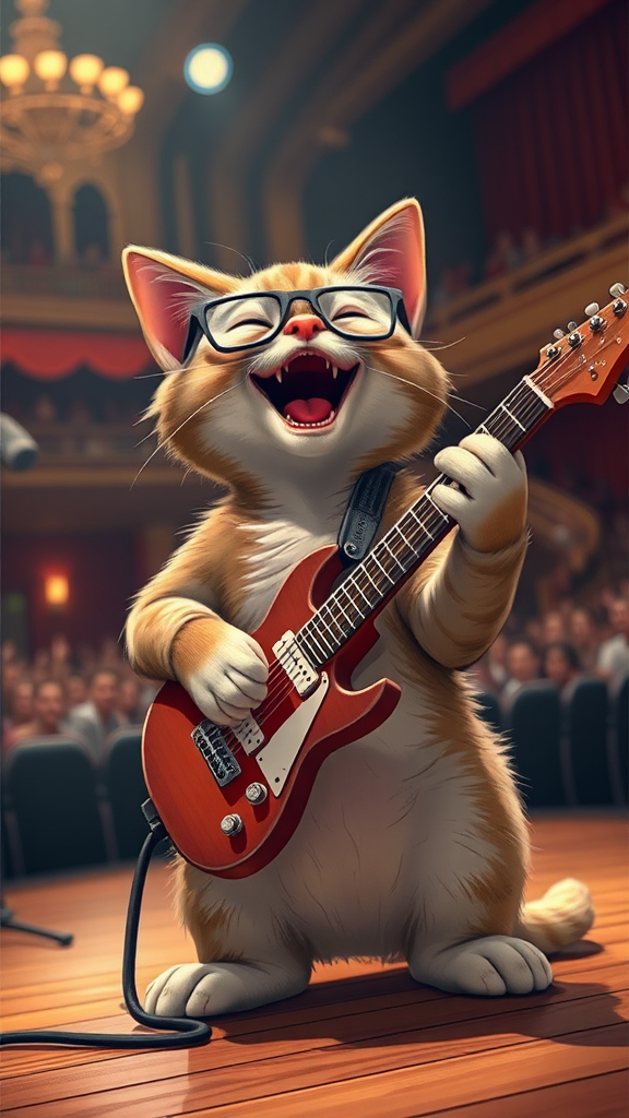 Laughing cat in glasses plays guitar at concert.