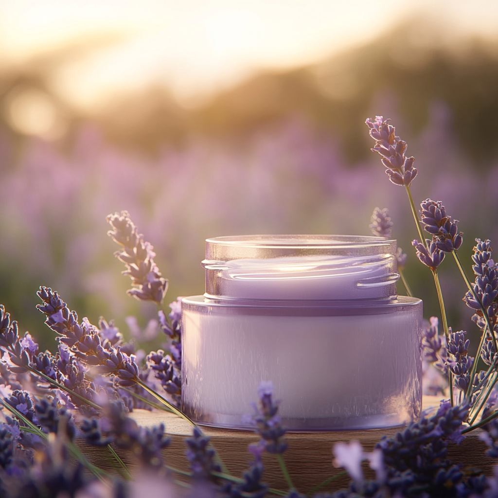 Lavender cream in glass jar with fresh sprigs