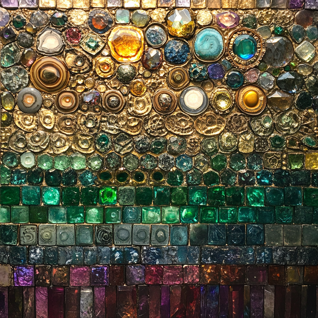 Layers of colorful gems on tall shining wall