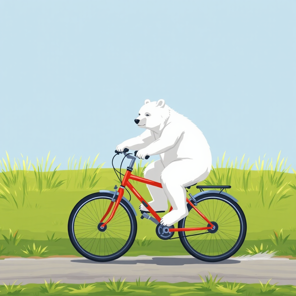 Lazy white bear rides bike with 4 colors.