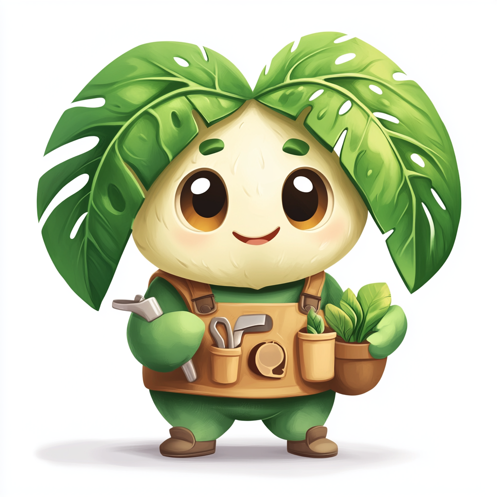 Leafy the Plant Whisperer, Monstera leaf mascot logo.