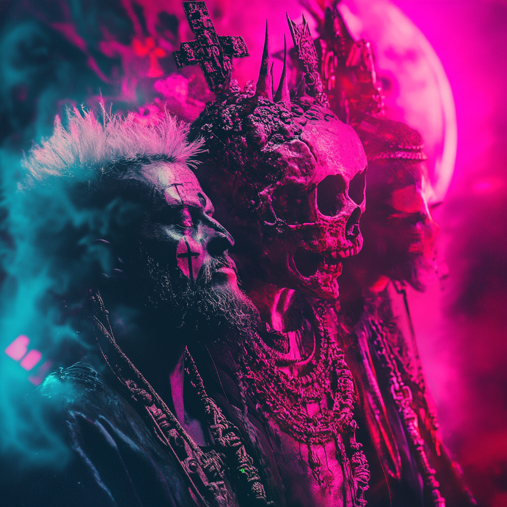 Legendary demon slayers in cyberpunk style for album cover