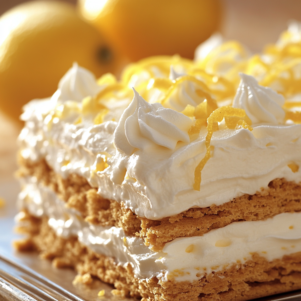 Lemon icebox cake with creamy filling and graham crackers