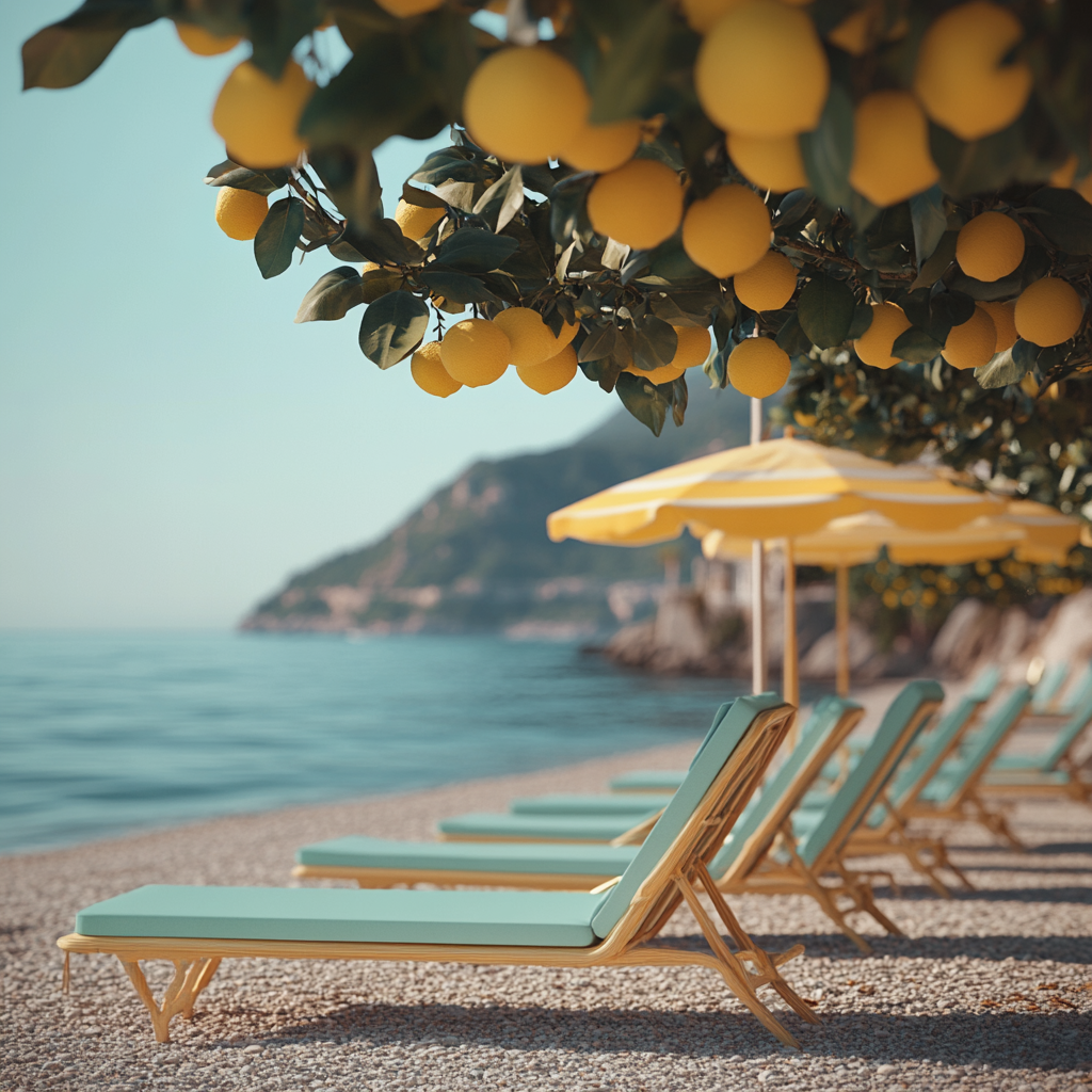 Lemons shading sun loungers at beautiful Italian beach.