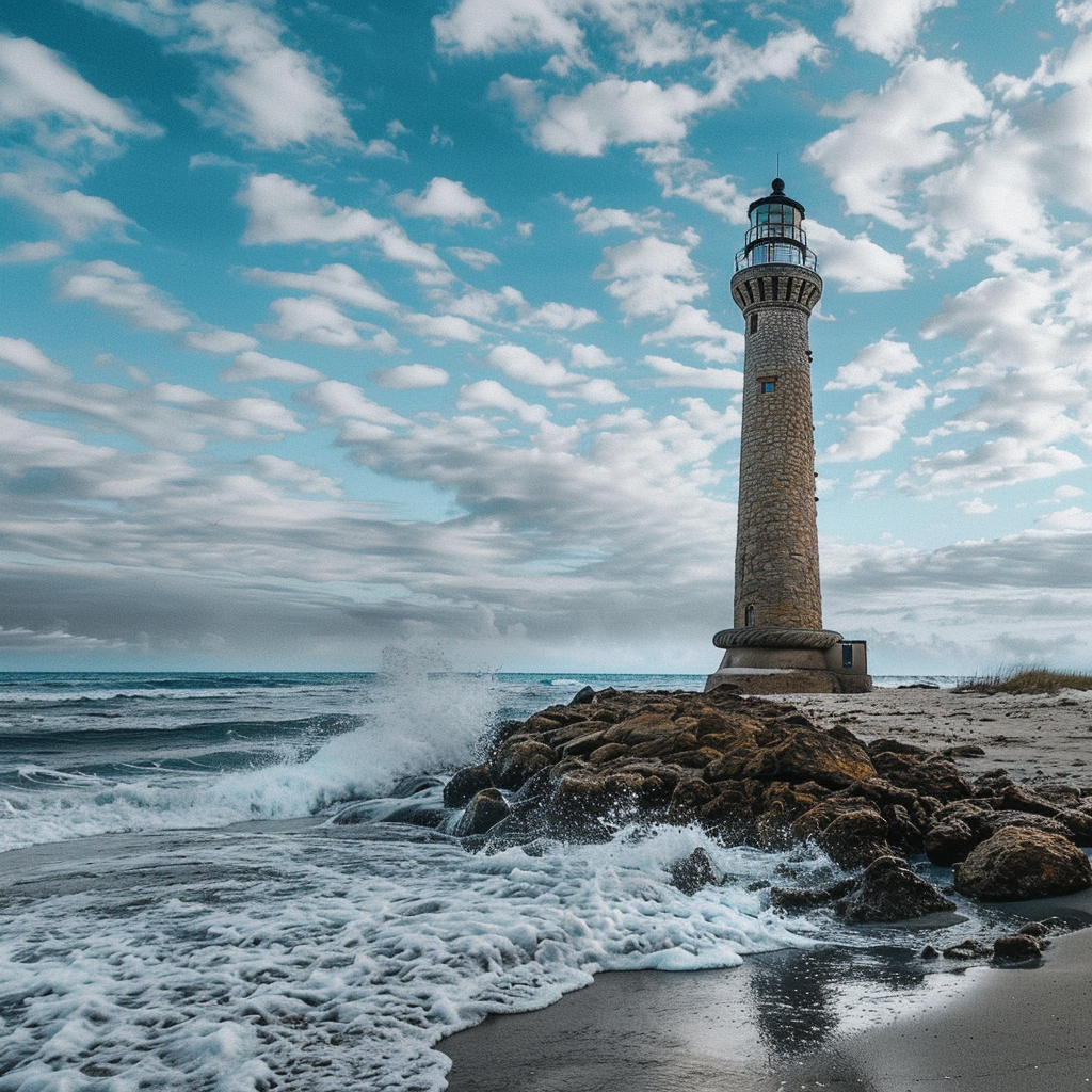 Lighthouse on rock with nice sky and waves.