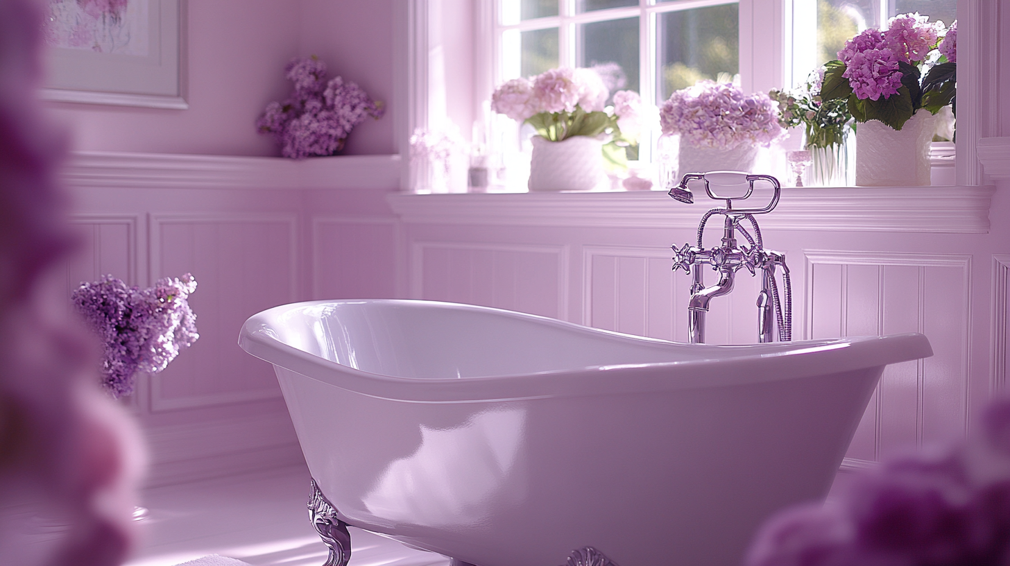 Lilac Love bathroom with white fixtures, floral motifs. Tranquil, romantic.