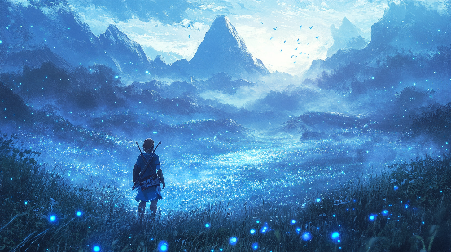 Link Exploring Dreamy Mountain Landscape with Blue Fireflies