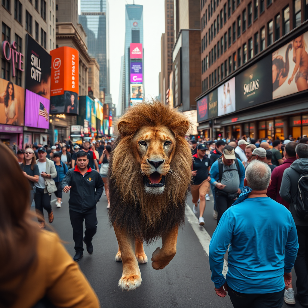 Lion in Times Square with Crowd Running