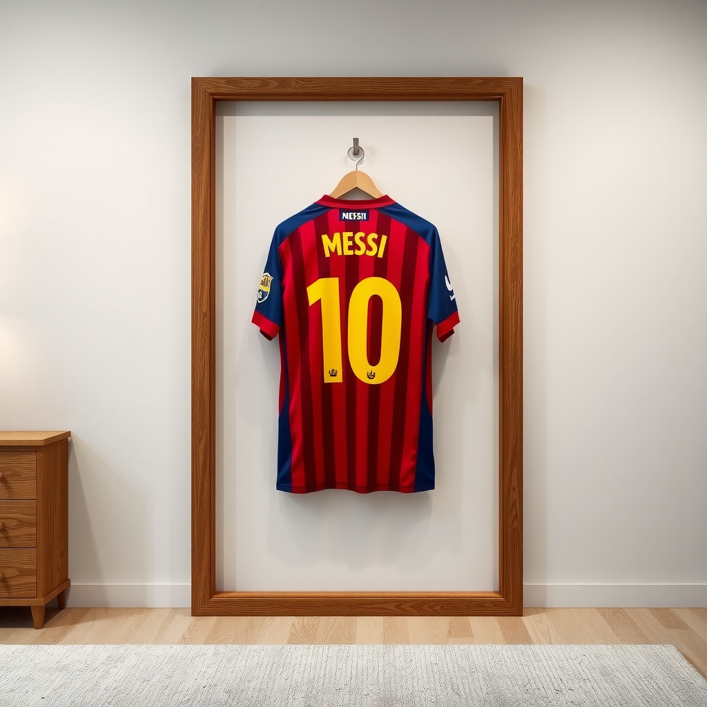 Lionel Messi's clothes on wall in frame.