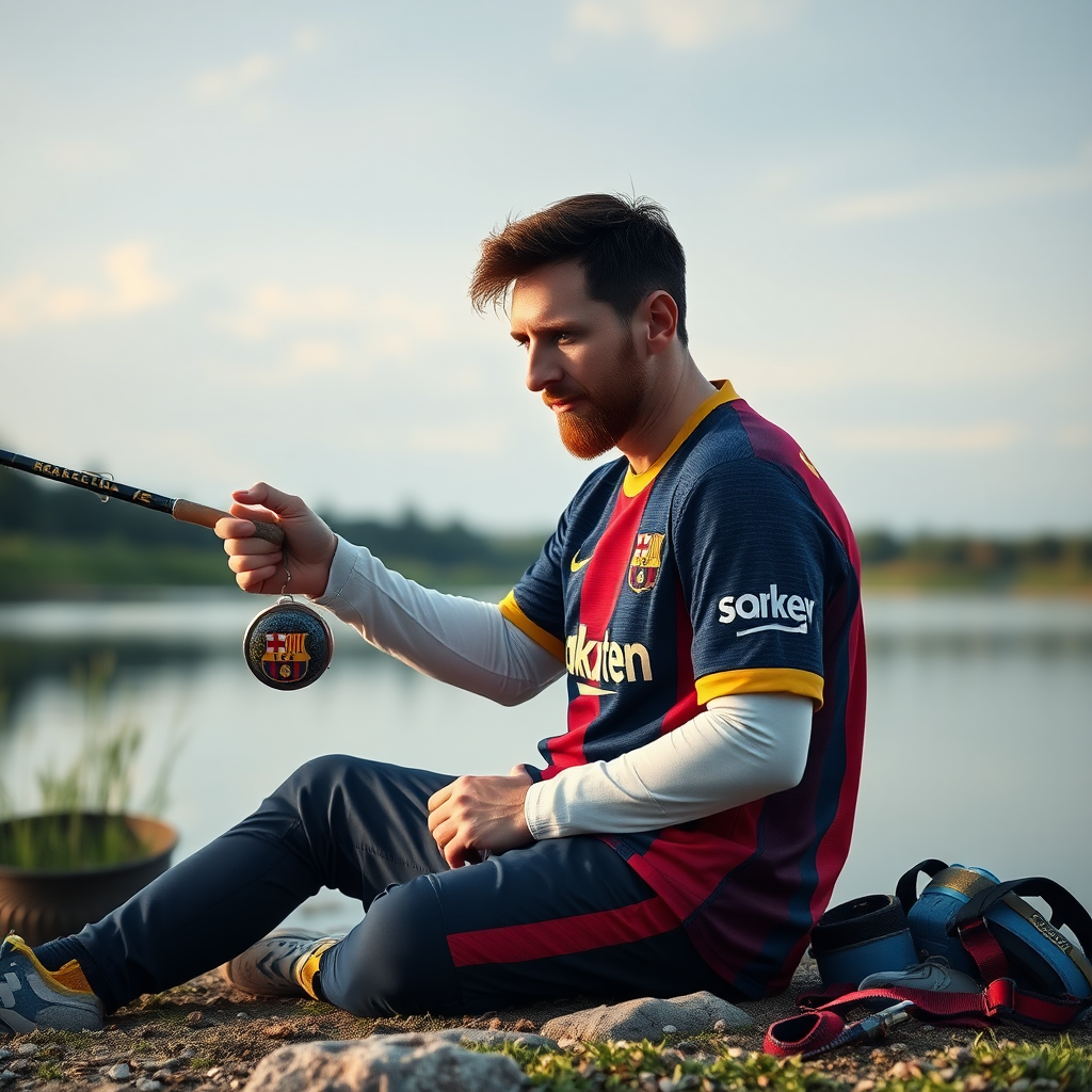 Lionel Messi Fishing by Riverside in Barcelona Jersey