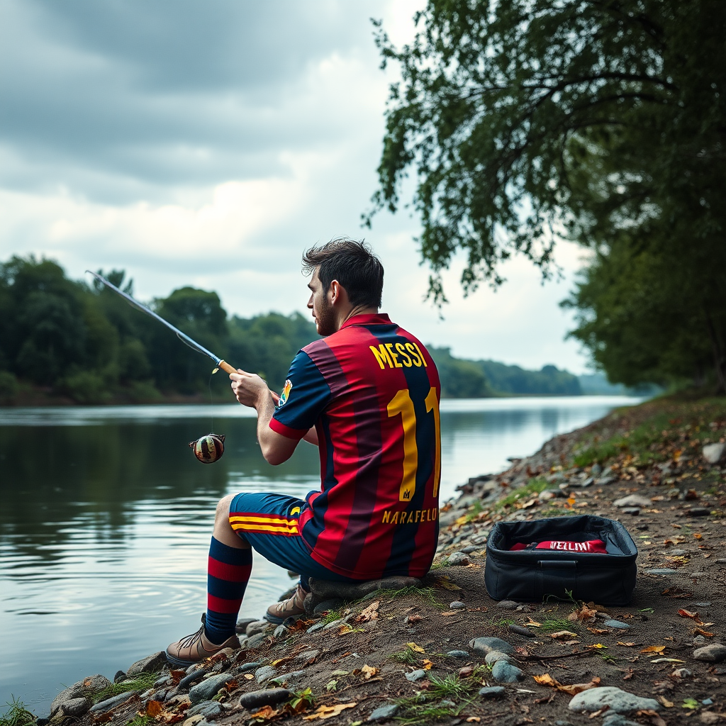 Lionel Messi Fishing by Riverside in Barcelona Jersey