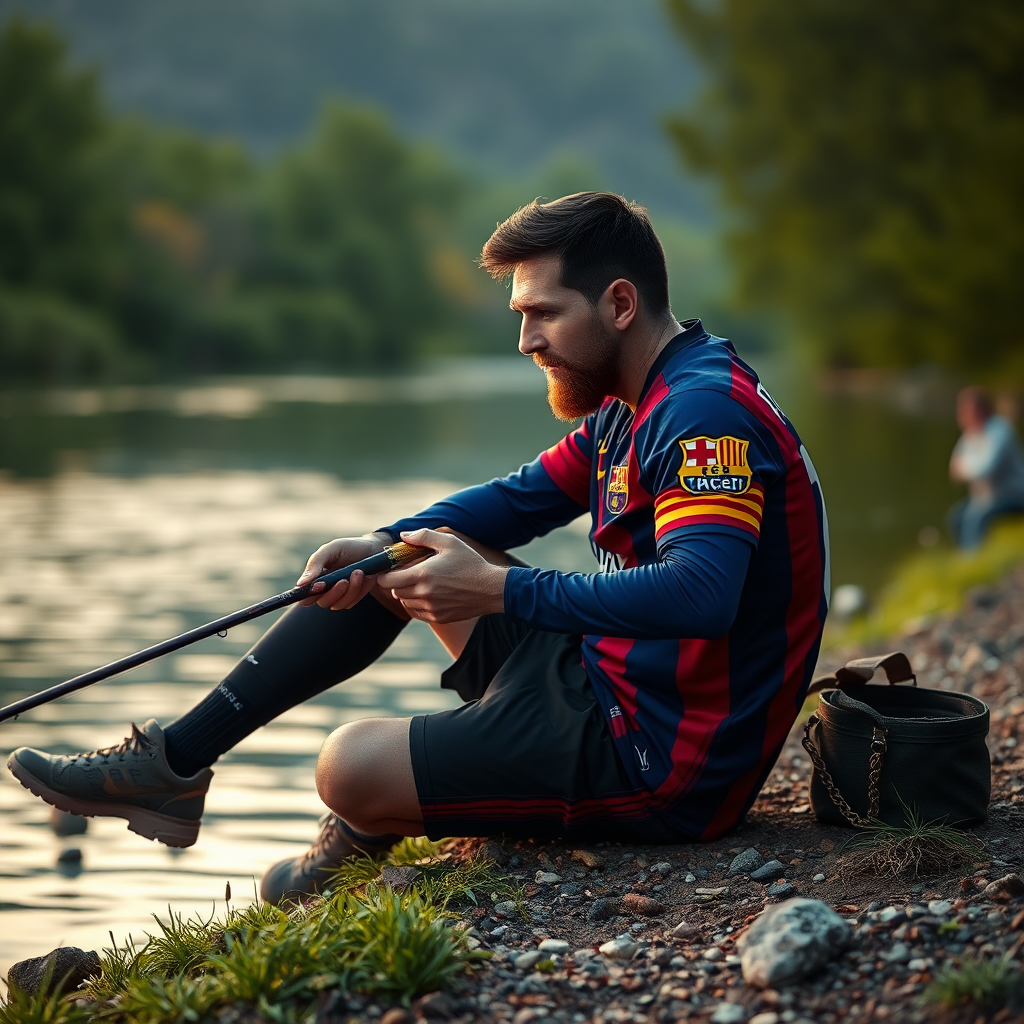 Lionel Messi in Barcelona Jersey Fishing by Riverside