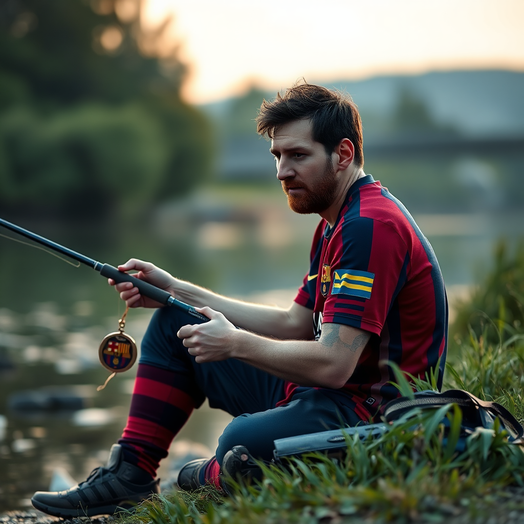 Lionel Messi in Barcelona Jersey Fishing by Riverside