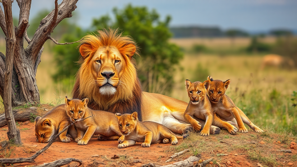 Lioness and cubs play while lion rests