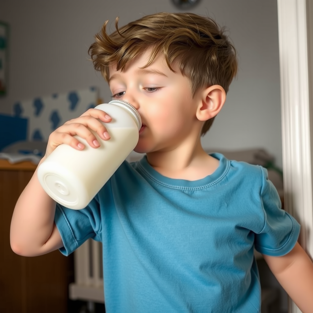 Little Boy Drinking Weight-Gain Milk at Night