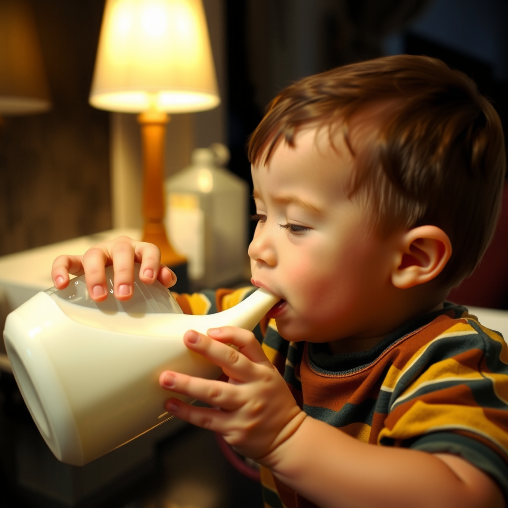 Little Boy Drinking Weight-Gain Milk at Night