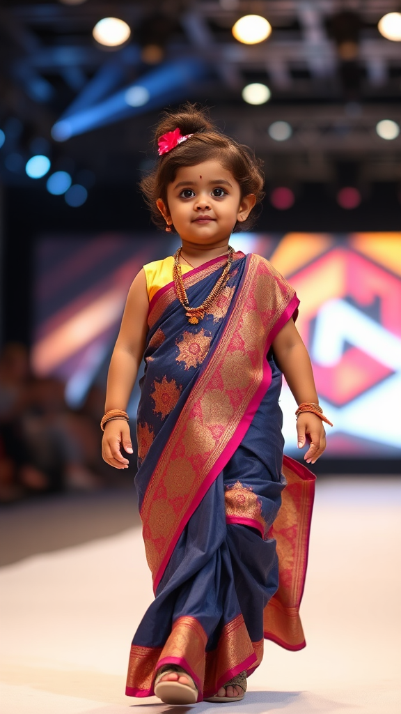 Little South Asian baby girl in saree walking.