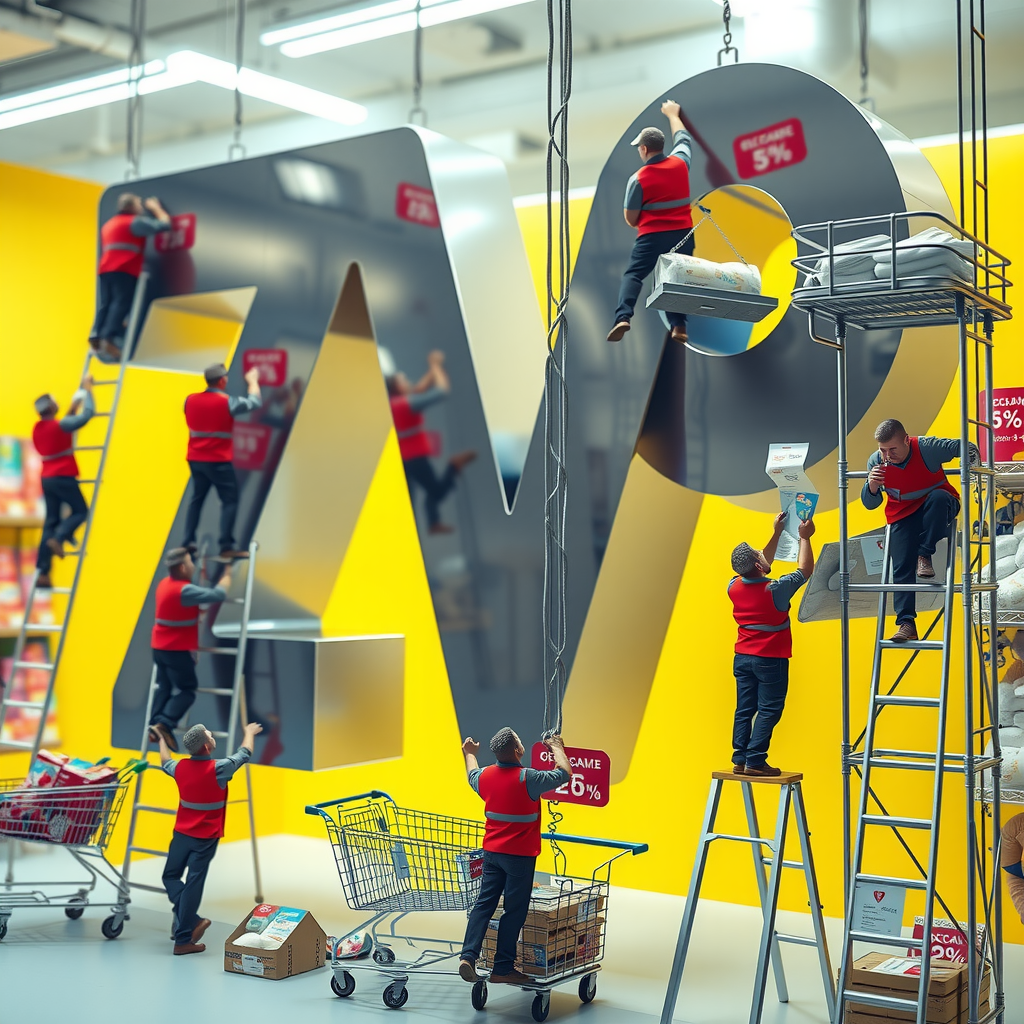 Little Supermarket Workers Building a Giant Sale Sign