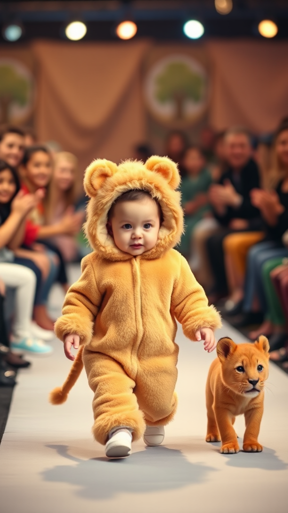 Little baby and lion cub at fashion show.