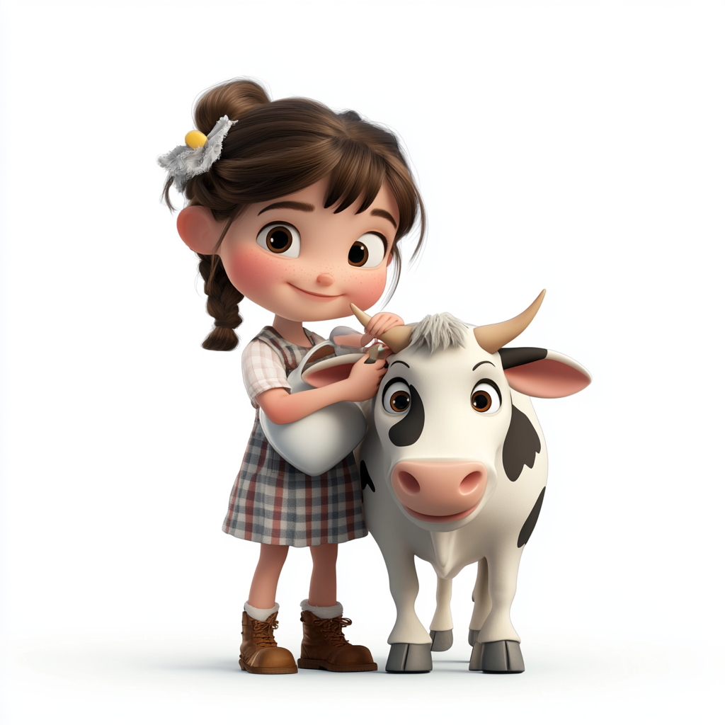 Little farm girl milking cow in animation