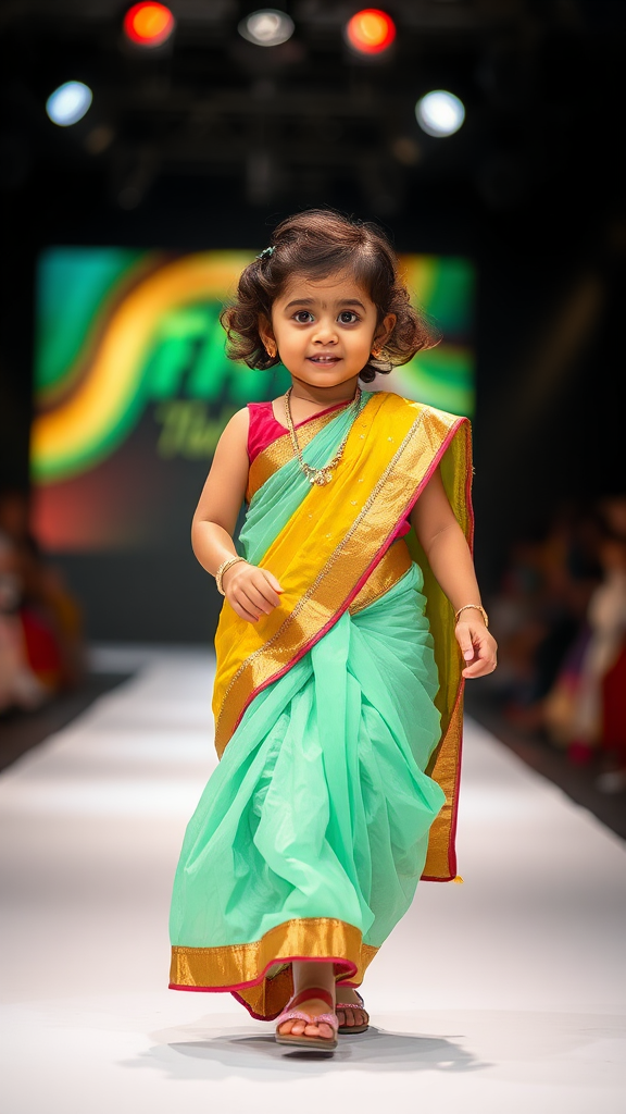 Little girl in saree walking on fashion show.