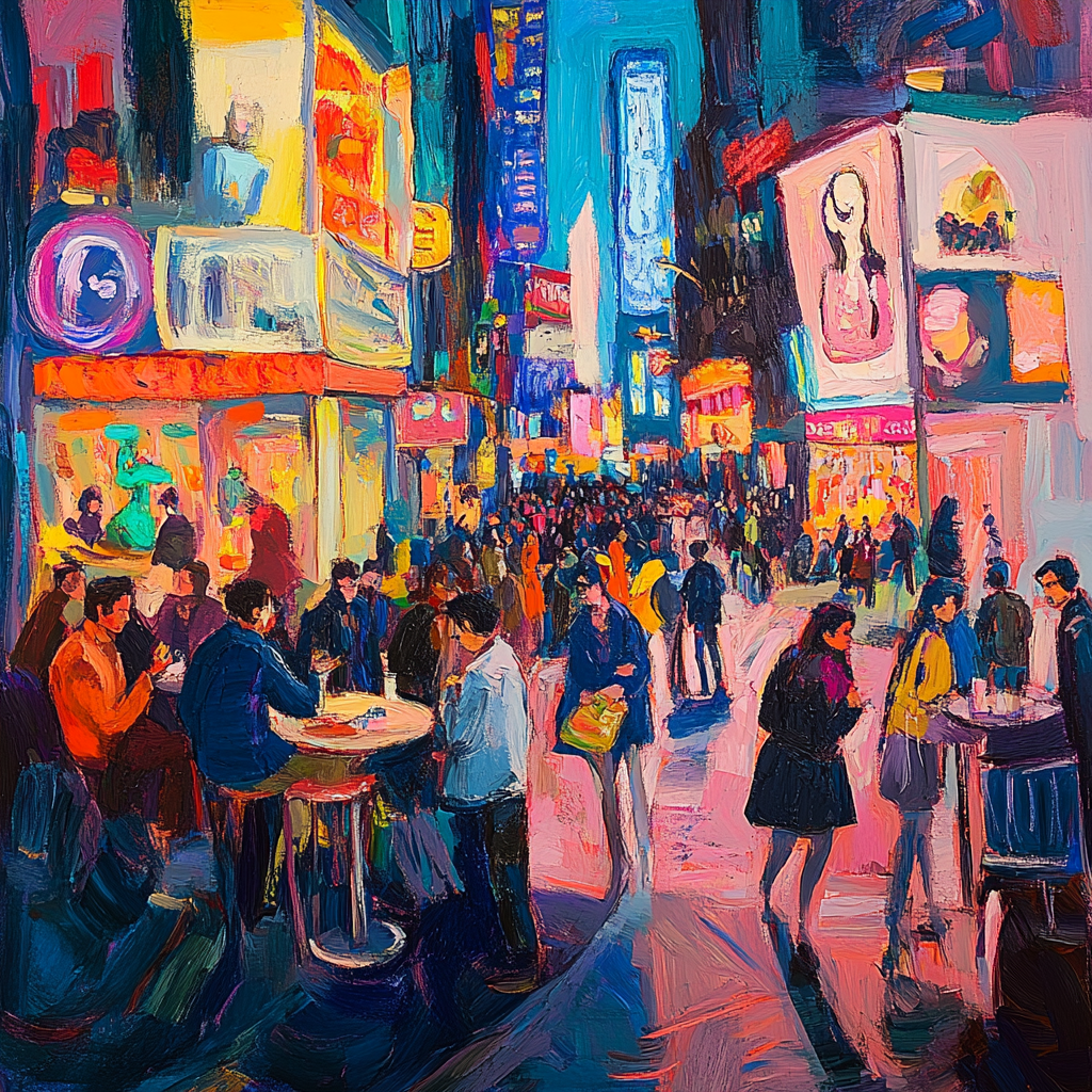 Lively city scene captures essence of greetings and connections.