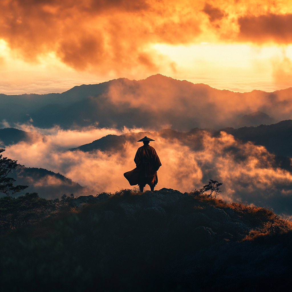 Lonely Samurai Returns Home on High Mountain Trail