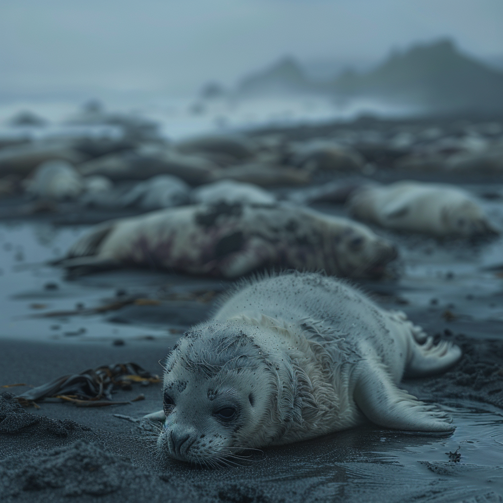 Lonely baby seal surrounded by carcasses in misty setting.